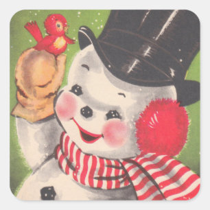 Sticker Carré Rétro Noël de bonhomme de neige