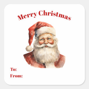 Sticker Carré Retro Noël Santa Claus A et De Cadeau