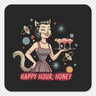 Sticker Carré Rétro Pin-Up Chat Atomique "Happy Hour, Chérie"