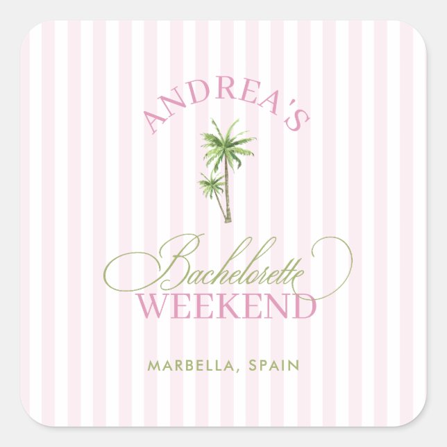 Sticker Carré Retro Pink & Green Palm Tree Beach Bachelorette (Devant)