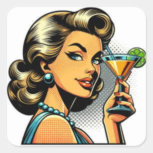 Sticker Carré Retro Pop Art Lady avec Cocktail   Bravo
