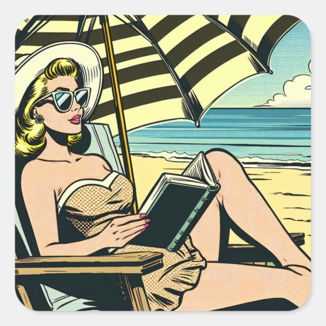 Sticker Carré Retro Pop Art Lady Commode livre (Devant)