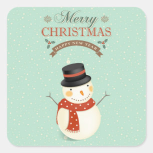 Sticker Carré Retro Snowmen Bonne année Joyeux Noël