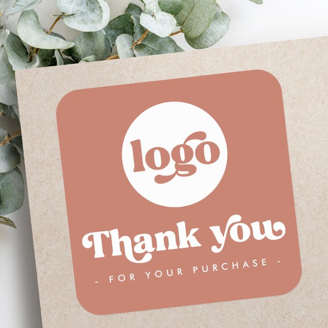 Sticker Carré Retro terre cuite marron ajouter logo entreprise m (Retro terracotta brown add logo business thank you square sticker)