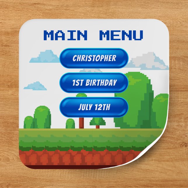 Sticker Carré Retro Video Game Menu 1ère fête d'anniversaire (Retro Video Game Menu 1st Birthday Party Square Sticker
)