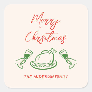 Sticker Carré Retro Vintage Rouge Vert main tiré Joyeux Noël