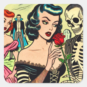 Sticker Carré Retro Witch Vampire Girl Horror Comics