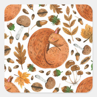 Sticker Carré Rêves d'automne : Aquarelle écureuil paradis
