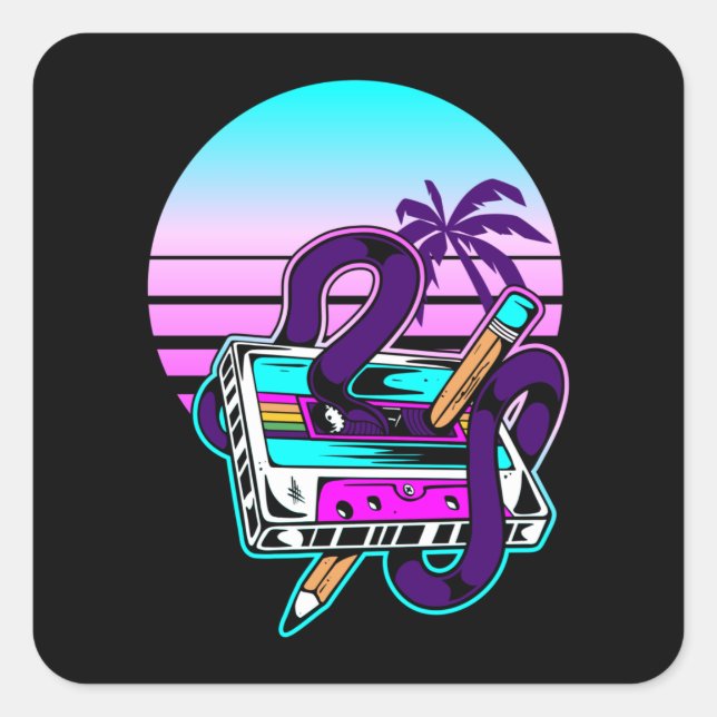 Sticker Carré Rewind Cassette Music Pencil 80s 90s (Devant)