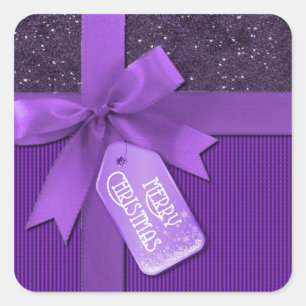 Sticker Carré Ribbon violet Joyeux cadeau de Noël