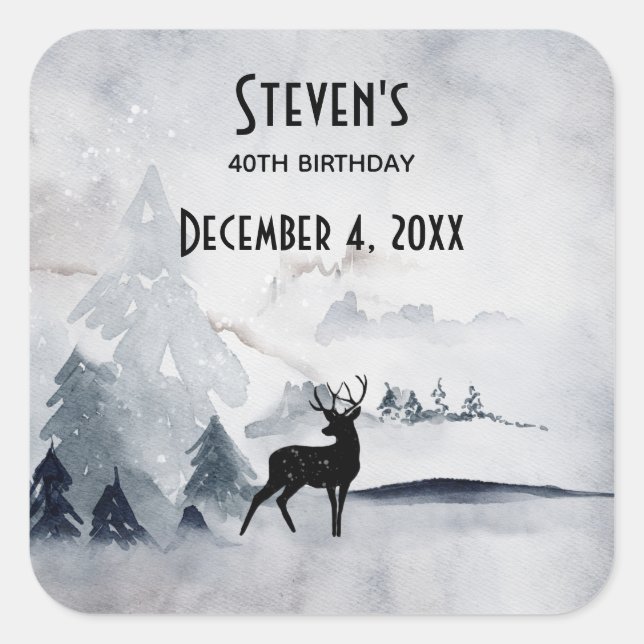 Sticker Carré Rinde d'hiver Aquarelle gris rustique Anniversaire (Devant)