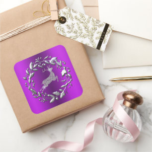 Sticker Carré Rindeer d'argent et couronne de Noël pourpre