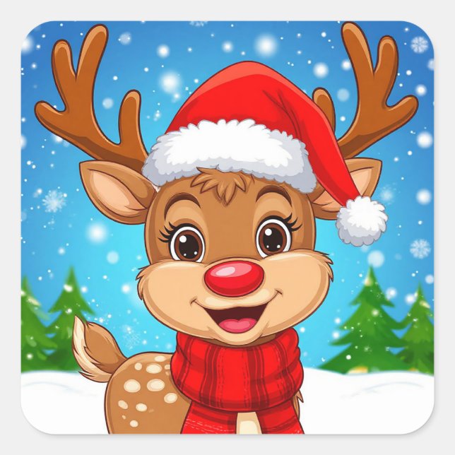 Sticker Carré Rindeer De Dessin Avec Chapeau De Père Noël (Devant)
