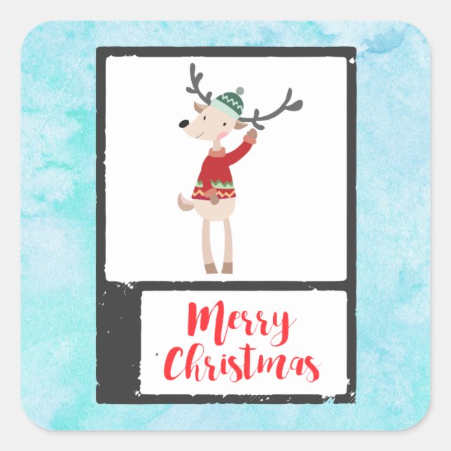 Sticker Carré Rindeer De Noël Dans Un Gros Chaud (Devant)