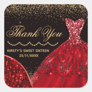 Sticker Carré Robe à paillettes aquarelle rouge Sweet 16