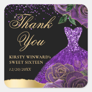 Sticker Carré Robe à paillettes violettes et dorées Glam Roses S
