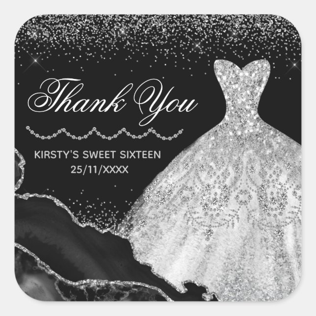 Sticker Carré Robe Aquarelle Argent & Bord Glam Sweet 16 (Devant)