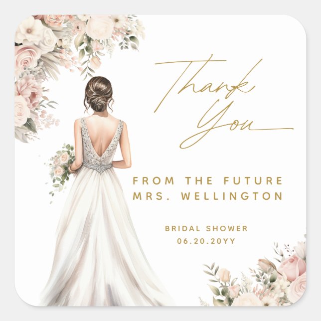 Sticker Carré Robe de mariée Brunette Fleurie pour Mariée Cérémo (Devant)