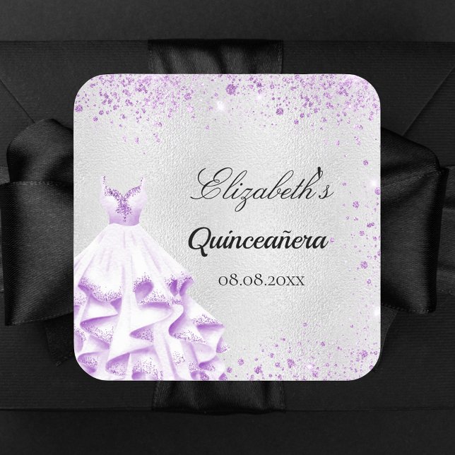 Sticker Carré Robe de parties scintillant violet argent Quincean (Créateur téléchargé)