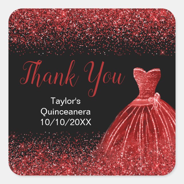 Sticker Carré Robe rouge vif Faux Parties scintillant Quinceaner (Devant)