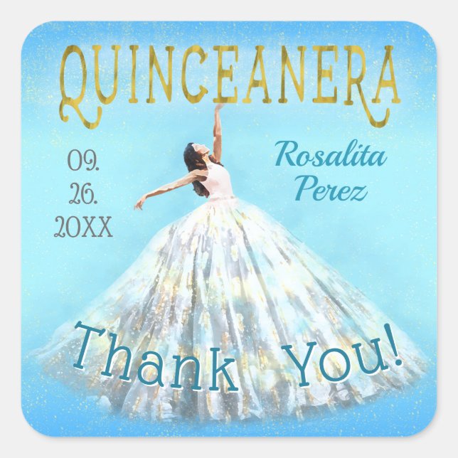 Sticker Carré Robe Royale Bleue Or Fancy Quinceanera Merci (Devant)