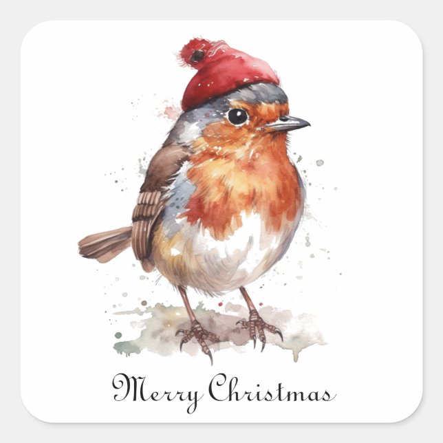 Sticker Carré Robin rouge de Noël, personnalisable (Devant)