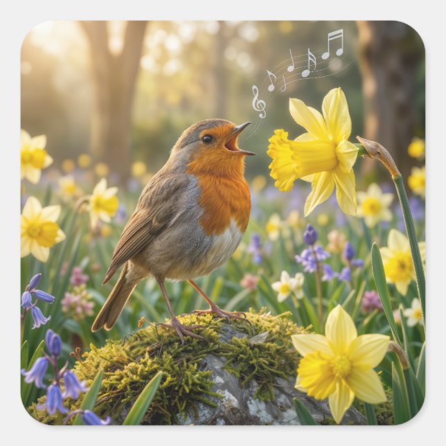 Sticker Carré Robin Singing Into a Daffodil (Devant)