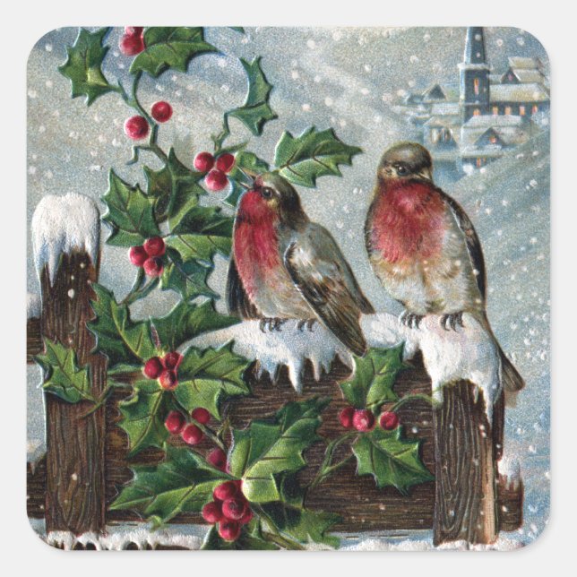Sticker Carré Robins anglais sur une clôture Antique Noël (Devant)