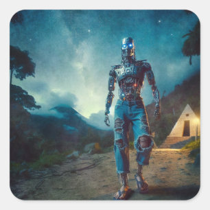Sticker Carré Robot Futuriste dans un Paysage Antique