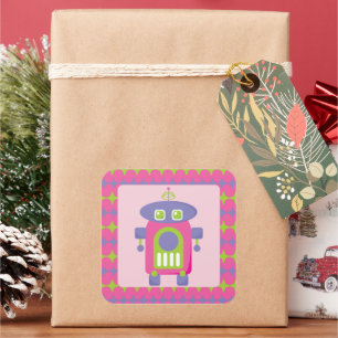 Sticker Carré Robot rétro rose, violet et vert avec étoiles
