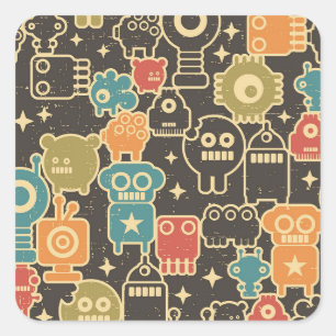Sticker Carré Robots sur brun