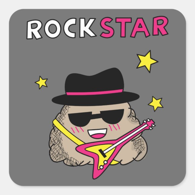 Sticker Carré Roche mignonne et drôle étoile avec guitare rose (Devant)