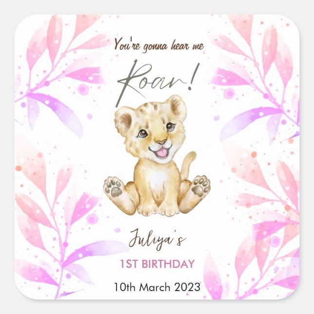 Sticker Carré Rocher 1er Anniversaire rose (Devant)