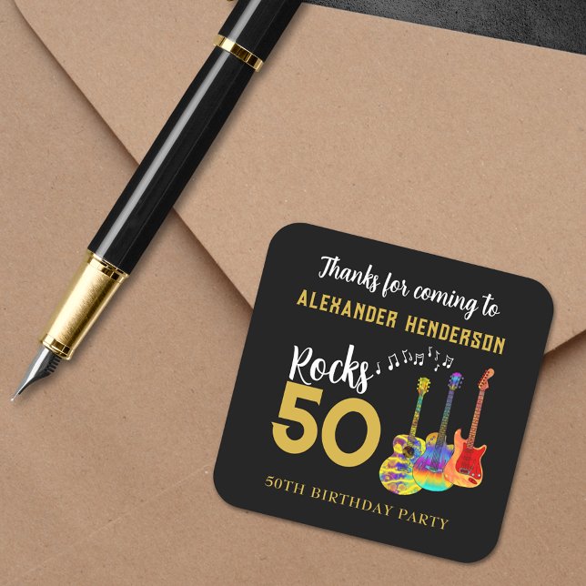 Sticker Carré Rock 50e anniversaire Merci personnalisé (Rock and roll 50th birthday party thank you sticker funky guitar cool gold typography on black)