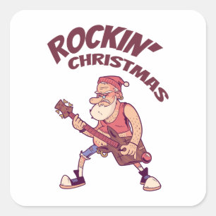 Sticker Carré Rockin Christmas, Père Noël rocking avec Guitar In