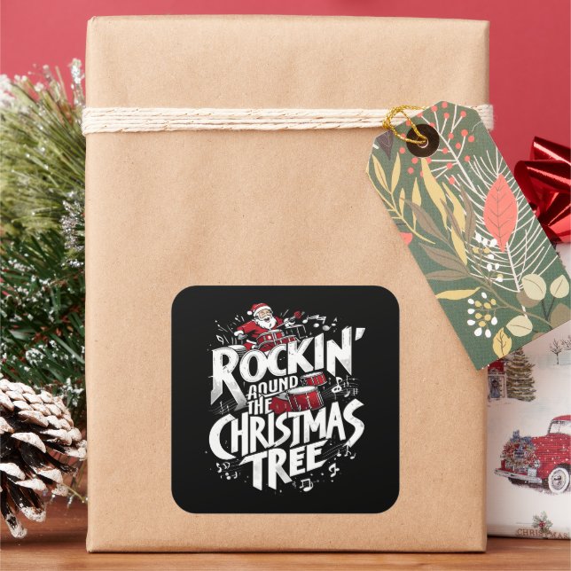 Sticker Carré Rockin' Christmas Tree Text Drummer (vacances)