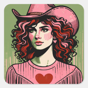 Sticker Carré Rodéo Diva Rodéo Cowgirl rose Coeur glamour
