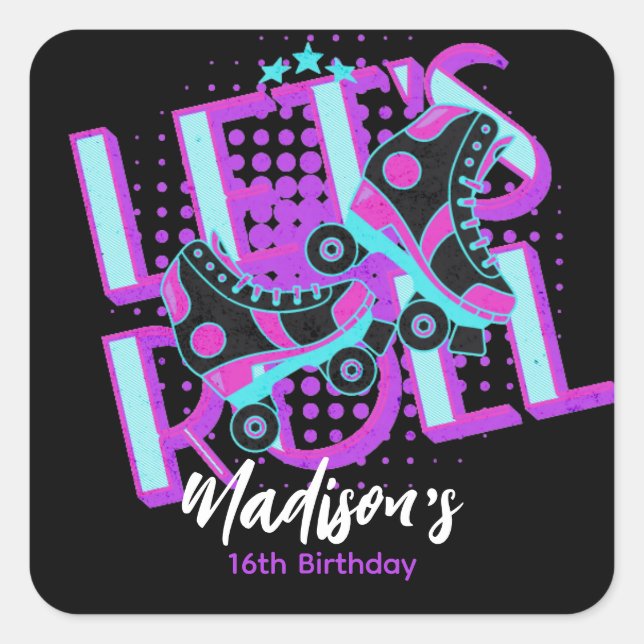 Sticker Carré Roller Skates Sweet 16 Thème Anniversaire (Devant)