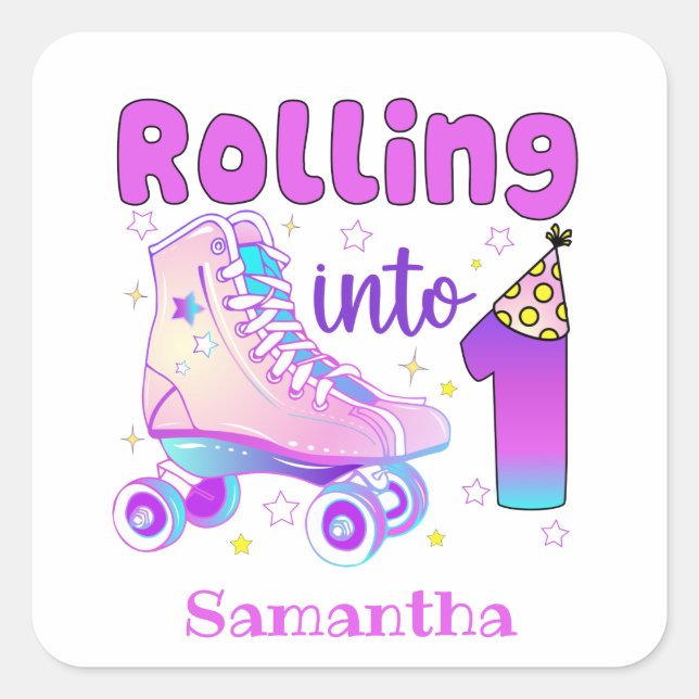 Sticker Carré Rolling In 1| Roller Skater Anniversaire Célébrati (Devant)