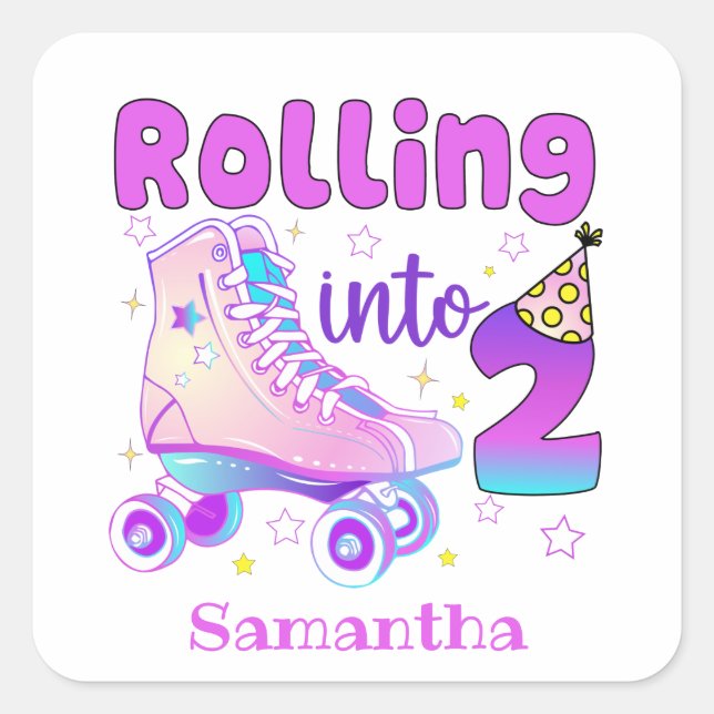 Sticker Carré Rolling In 2| Roller Skater Anniversaire Célébrati (Devant)