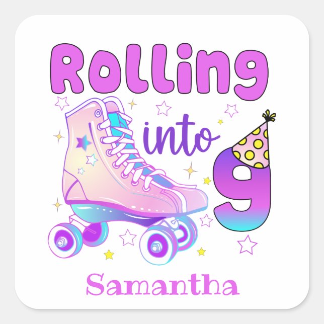 Sticker Carré Rolling In 9| Roller Skater Anniversaire Célébrati (Devant)