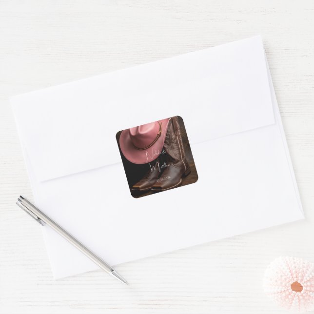 Sticker Carré Romance rustique : Bottes de Cowboy et Mariage Cas (Enveloppe)