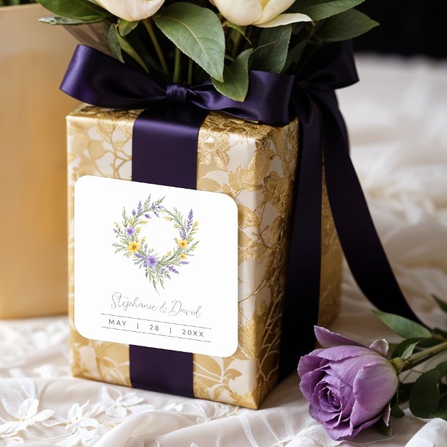 Sticker Carré Romantic Minimal Wedding Yellow & Lavender Wreath (Romantic Minimal Wedding Yellow & Lavender Wreath Square Stickers.)
