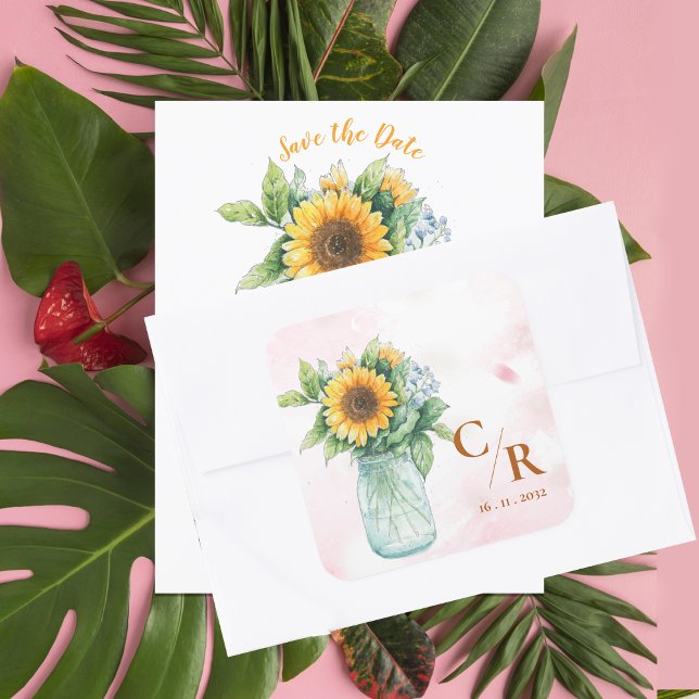 Sticker Carré Romantique Russe Floral Monogramme Mariage de tour (Romantic Rustic Floral Monogram Sunflower Wedding Square Sticker)