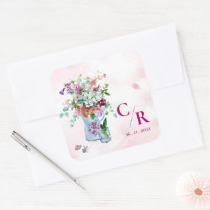 Sticker Carré Romantique Rustique Floral Monogramme Fleur sauvag