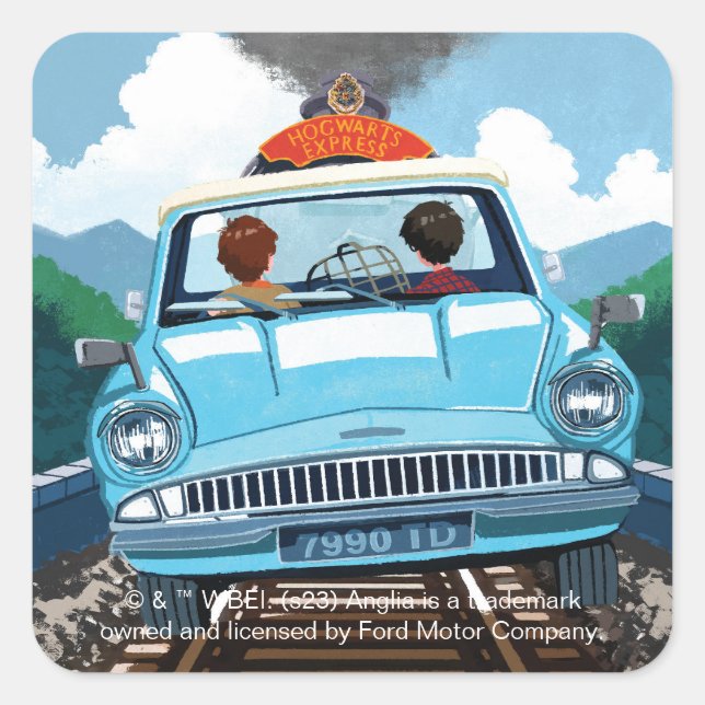 Sticker Carré Ron & HARRY POTTER™ en voiture volante vers HOGWAR (Devant)