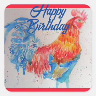 Sticker Carré Rooster Rouge aquarelle peinture Joyeux anniversai