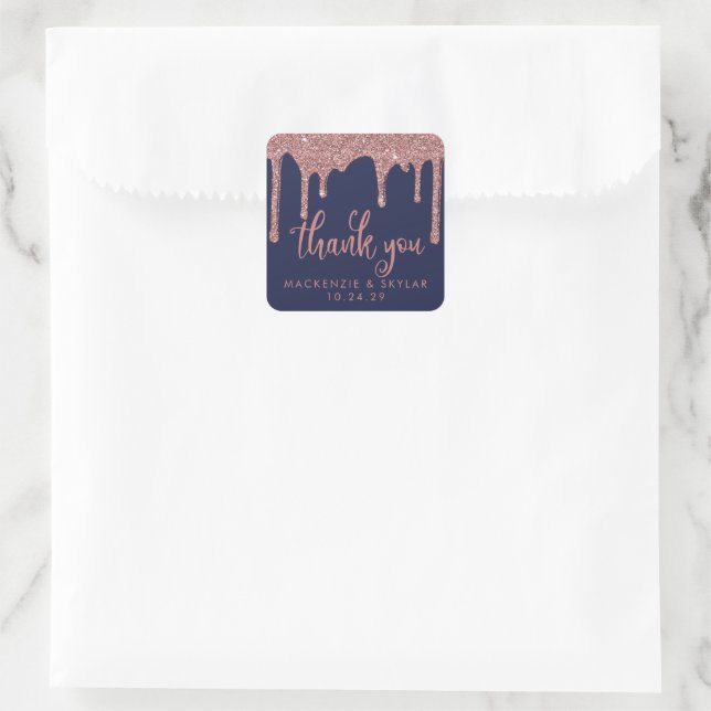 Sticker Carré Rose bleu marine Parties scintillant d'or   Merci (Sac)