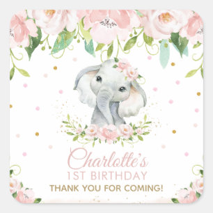 Sticker Carré Rose Blush Floral Cute Elephant Merci Favoriser