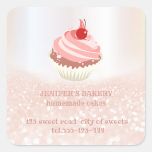 Sticker Carré Rose dorure glitterie cupcakes et friandises maiso